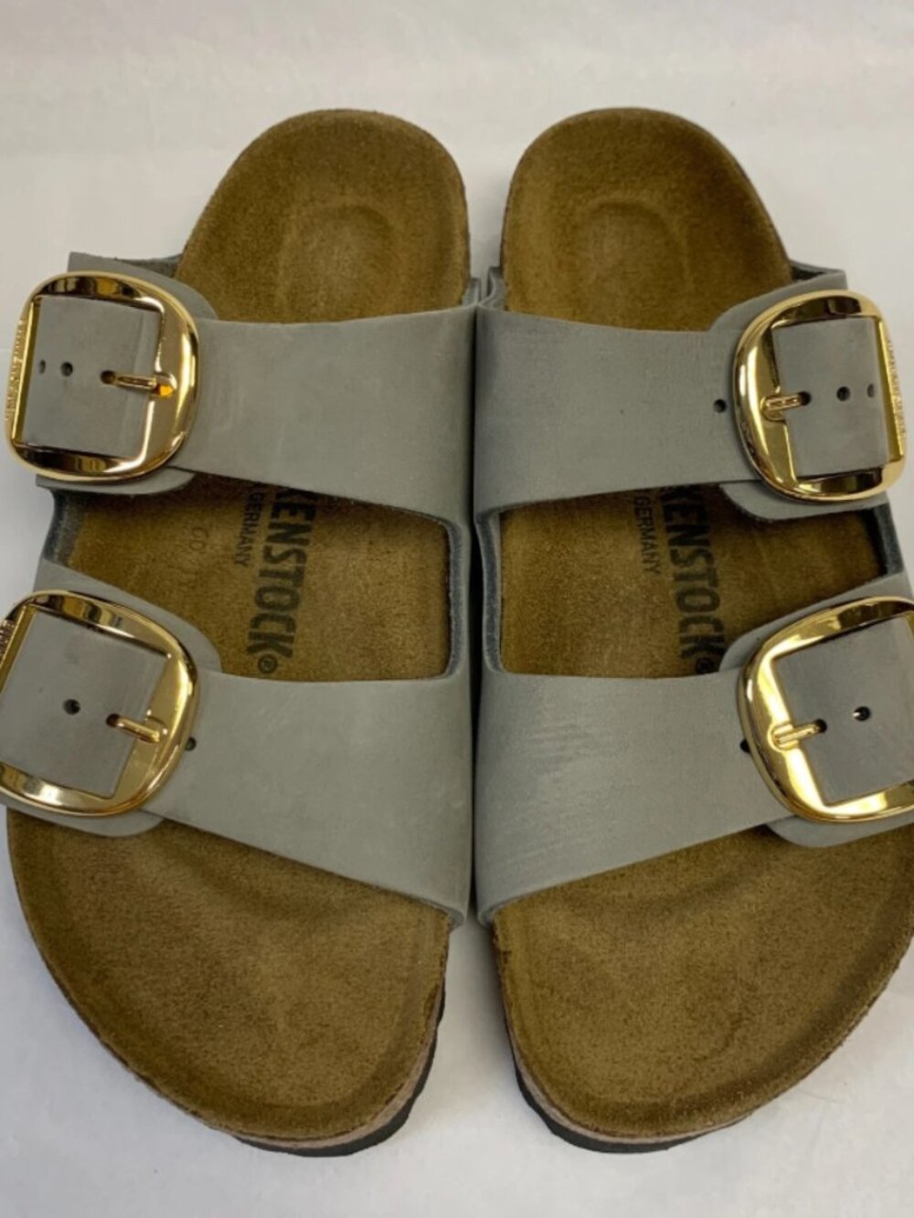 Birkenstock Arizona Big Buckle Dove Gray Gold Buckle Nubuck Leather Narrow Width